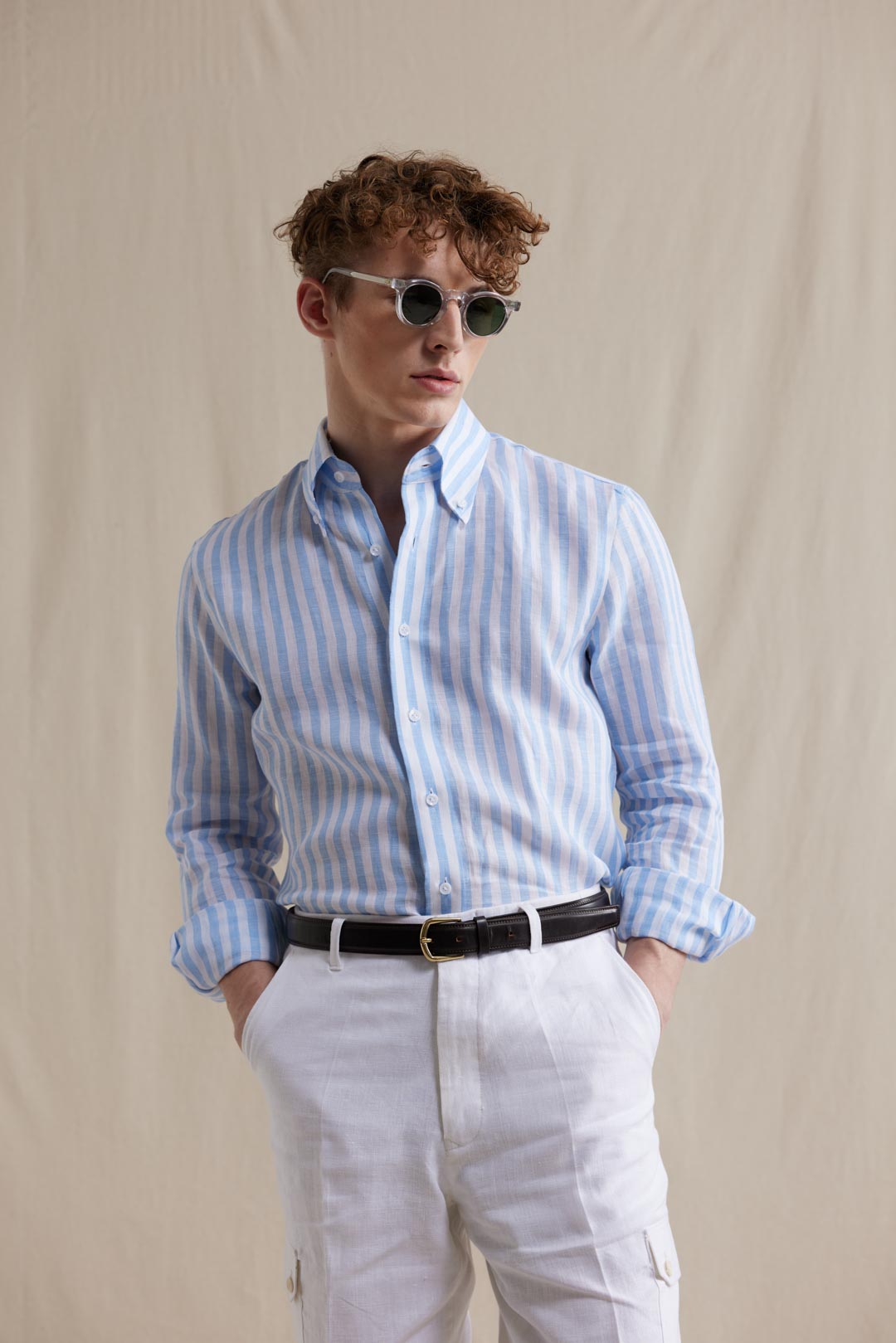 Button Down Linen Shirt - Bold Blue Stripes