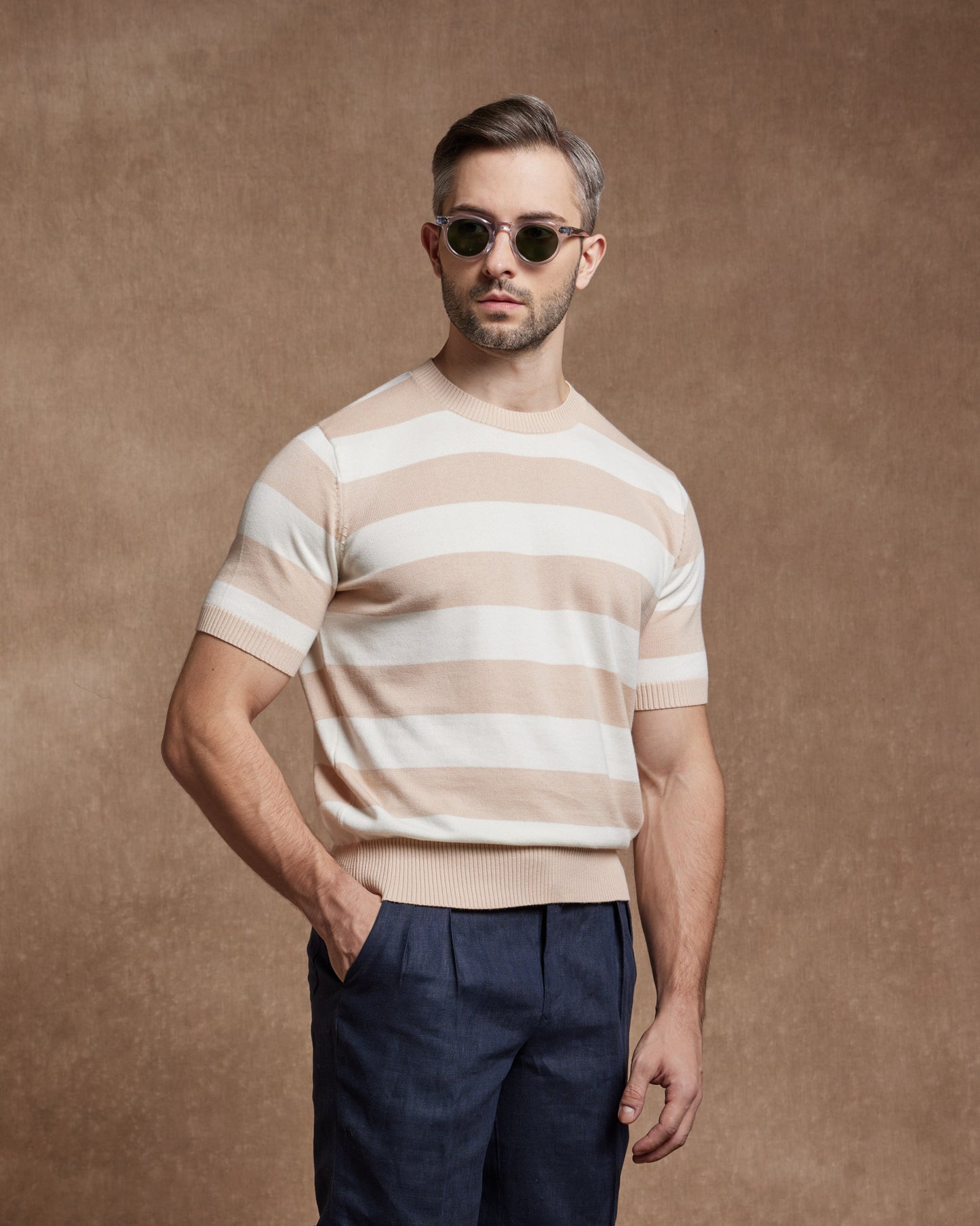 Knitted Crew Neck T-Shirt - Beige Stripes