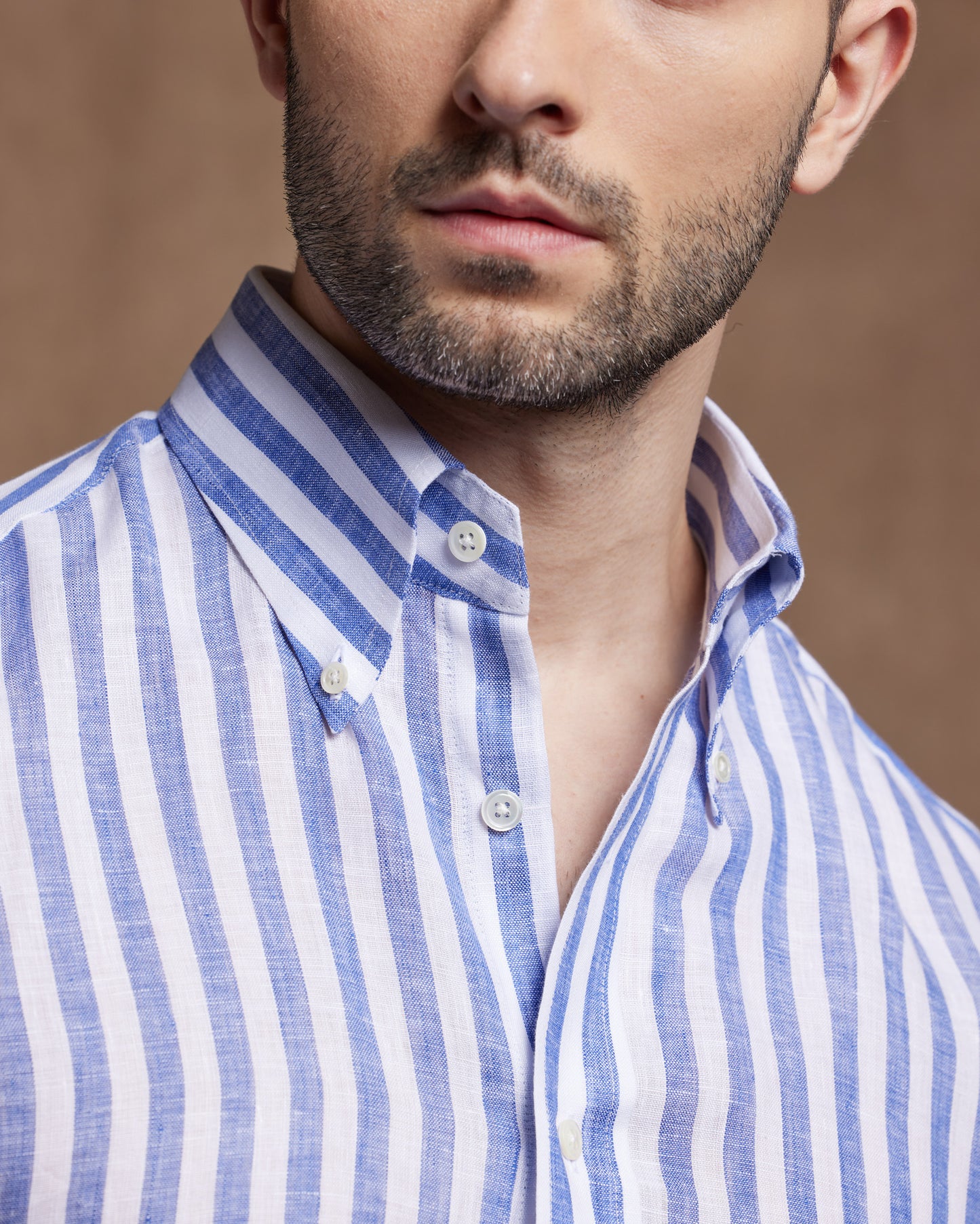 Button-Down Collar Linen Shirt - Blue Stripes