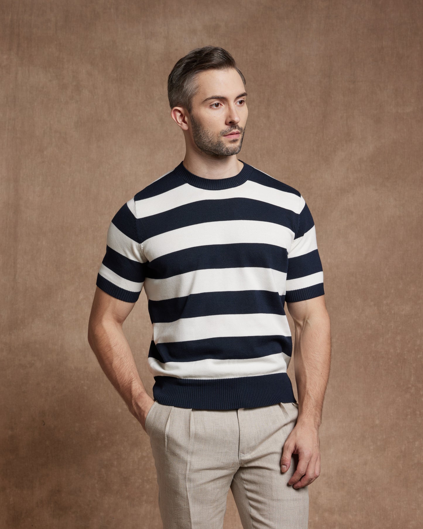 Knitted Crew Neck T-Shirt - Navy Stripes