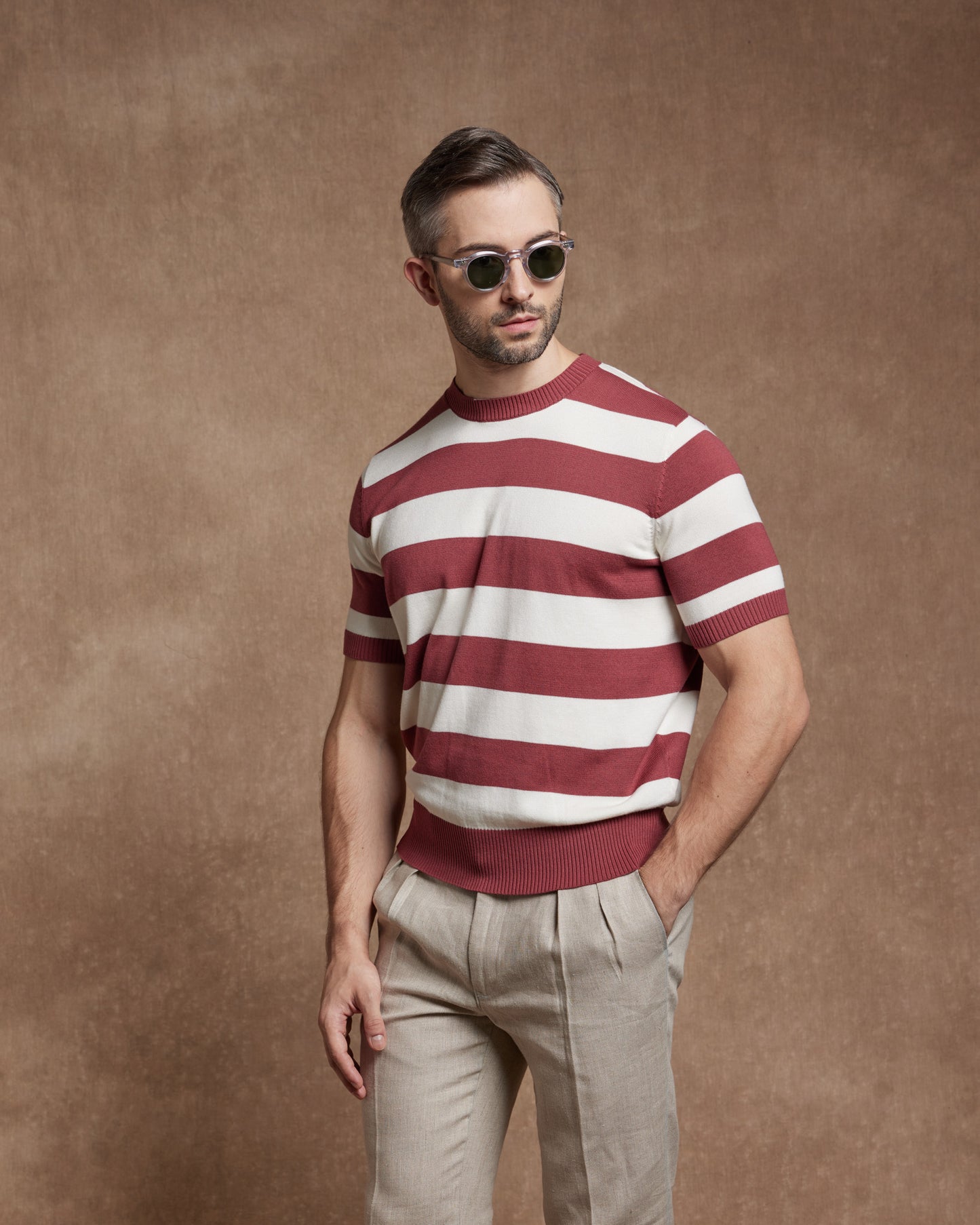 Knitted Crew Neck T-Shirt - Brick Stripes